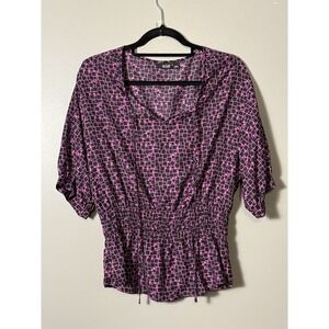 a.n.a A New Approach Womens L Black Pink Geometric 3/4 Sleeve Blouse Cinch Waist